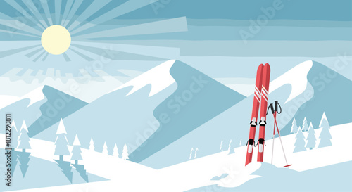 Dreamy winter escape to snow-capped mountains with skis ready for adventure, sunlight shining on pristine slopes for a holiday getaway