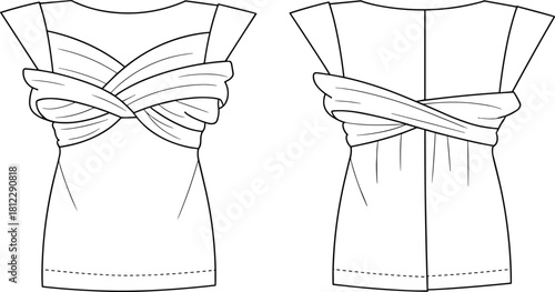 Elegant twisted-front sleeveless top fashion flat sketch featuring draped crossover detailing, structured shoulder panels, and refined technical vector apparel illustration design