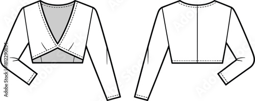 Stylish long-sleeve cropped wrap top fashion flat sketch featuring deep V-neckline, structured panels, clean technical detailing, and modern apparel design