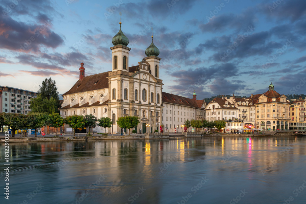 Fototapeta premium Lucerne, Switzerland - view of baroque Jesuit Church and river Reuss