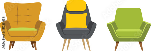 Modern cozy armchair vector set featuring stylish upholstered chairs with cushions and wooden legs, perfect for home decor, interior design, and furniture illustrations