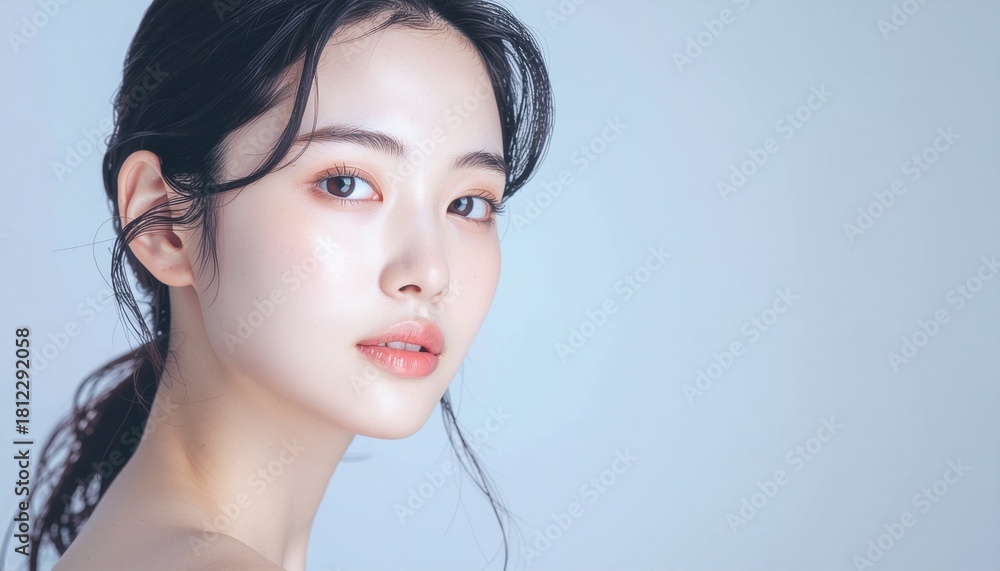 Fototapeta premium 日本人, 清楚な若い女性, 横顔, ナチュラルな笑顔, 柔らかい光, 白背景, 透明感ある肌, 美容広告スタイル Japanese, modest young woman, side profile, natural smile, soft light, white background, translucent skin, beauty ad style 