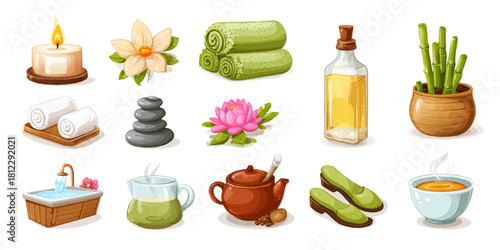 Collection of spa and wellness items including massage stones towels oil and tea for relaxation