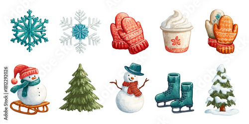 Collection of festive winter holiday icons including snowflakes snowman christmas tree ice skates and mitten