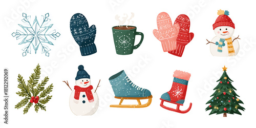 Collection of festive winter holiday icons including snowflakes mittens snowman ice skates and christmas tree