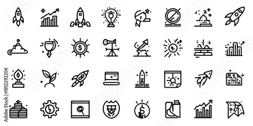 Collection of hand drawn business and startup icons representing growth and innovation