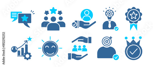 service icon set collection icon set collection in dual tone style. Icon pack contains service, advice, experience, support, competence, quality, performance, satisfaction, help, Client, reliable