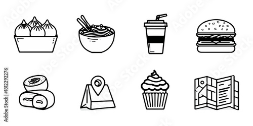 Collection of hand drawn icons representing food drinks and travel elements for design
