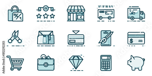 Collection of e commerce and shopping icons representing online retail and business transactions