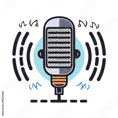 Retro microphone broadcasting sound waves and musical notes for audio recording and broadcasting
