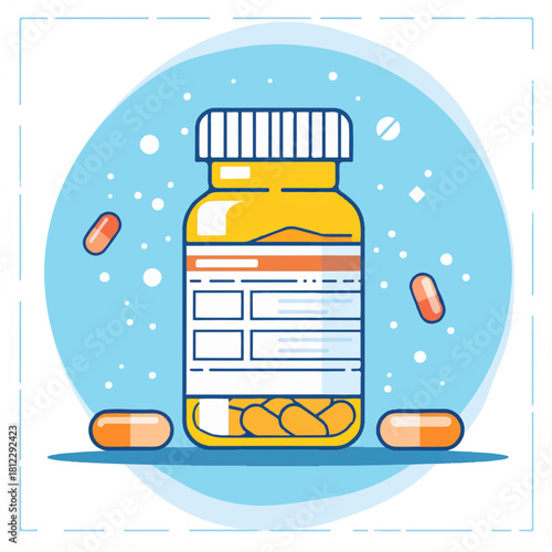 Illustration of a yellow prescription pill bottle with capsules and tablets on a blue background