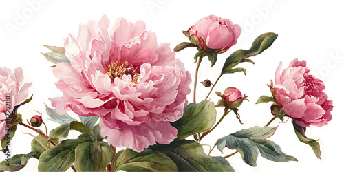 Delicate pink peonies in full bloom with lush green leaves and buds on a white background