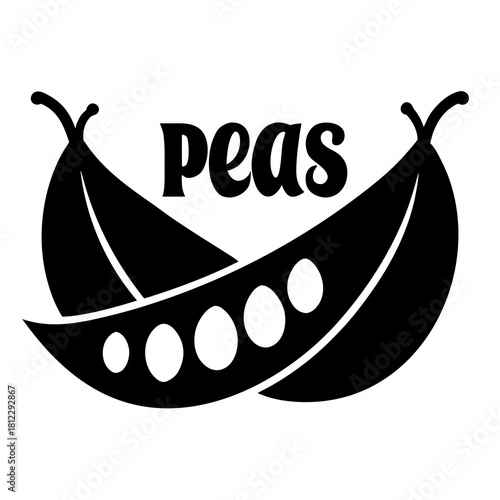 Black and white illustration of peas in a pod with text