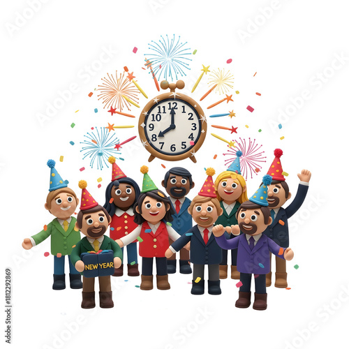 Group of diverse cartoon people celebrating New Year's Eve with colorful party hats, confetti, fireworks, and clock showing midnight, perfect for holiday events