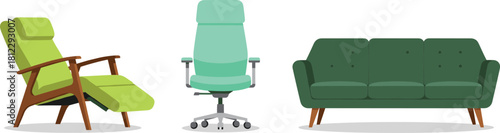 Modern furniture vector set featuring a comfortable recliner, ergonomic office chair, and stylish sofa, perfect for home decor, interior design, and furniture illustrations