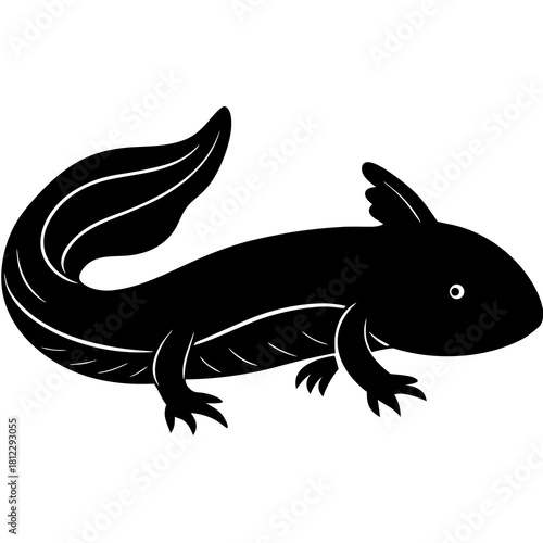 Black axolotl silhouette with white eye and internal lines