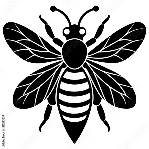 Black bee silhouette with striped abdomen and patterned wings