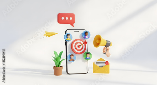 Digital marketing and social media engagement concept with a smartphone, target, megaphone, and audience icons