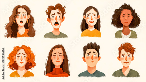 Eight people show fear anxiety and sadness in small portraits. Emotional group.