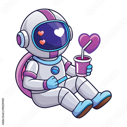 Astronaut in love sitting with a heart shaped drink isolated on