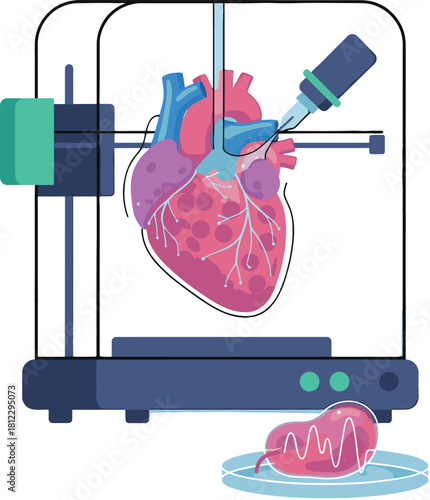 Illustration of a heart being printed by a d printer with a smaller heart in a petri dish