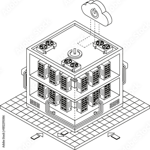 Isometric server room with cloud connectivity and cooling system in a line art illustration style