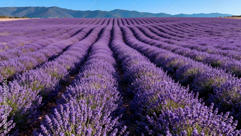 Obraz premium Vibrant purple lavender flowers stretch in perfectly straight rows across a wide field toward distant hills under a clear blue sky.