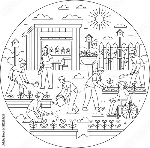 Line art illustration of people gardening together in a community garden with a shed and plants