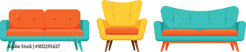 Modern colorful sofa and armchair vector set featuring stylish upholstered furniture with wooden legs, perfect for home decor, interior design, and living room illustrations