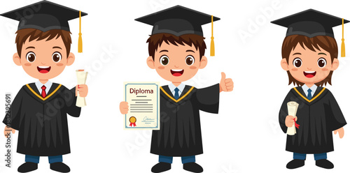 Happy cartoon kids graduates wearing black gowns and caps holding diplomas, cute student characters vector illustration set for school education and graduation ceremony design.