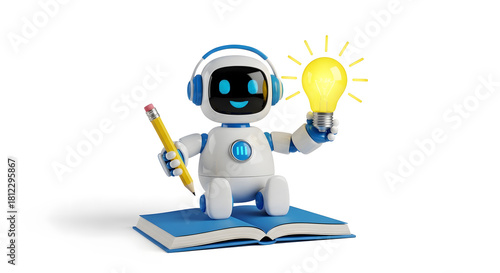 Friendly robot character with headphones holding a pencil and a bright lightbulb sitting on an open book