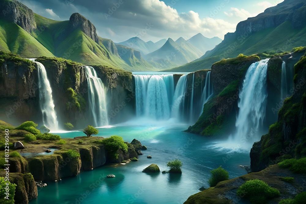 Fototapeta premium Majestic multi tiered waterfall cascading through lush green mountains