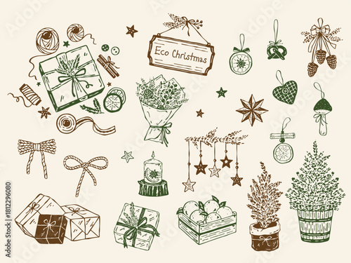 Hand-drawn eco Christmas set with rustic tree, natural gifts, wooden and fabric ornaments, dried citrus, pinecones, evergreen bouquet, twine, ribbons and decorative trims for gift wrapping