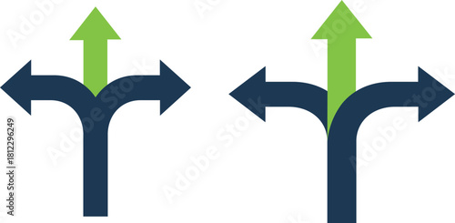 Two sets of dark blue and green arrows showing diverging paths direction choice