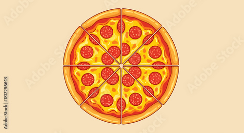Classic pepperoni pizza, sliced into eight pieces, vector art