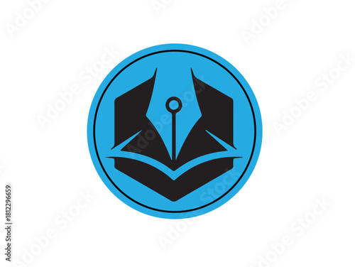 Stylized logo featuring a black fountain pen nib and open book silhouette inside a blue circle and hexagonal shape.