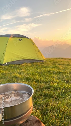 Sunset camping with an amazing view over Lake Lucerne on the Stoos