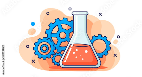 Scientific research process: erlenmeyer flask, gears, innovation