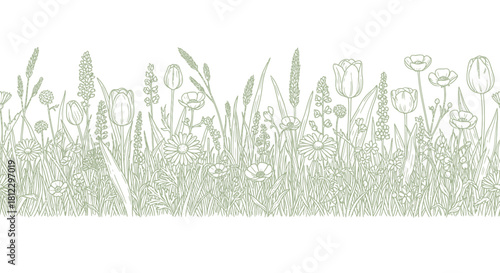 Green line art border with spring wildflowers and meadow grass