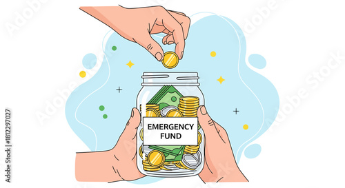 Hand putting coin in emergency fund jar for financial security