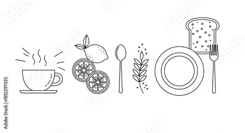 Breakfast meal elements line art: hot drink, lemon, toast, plate