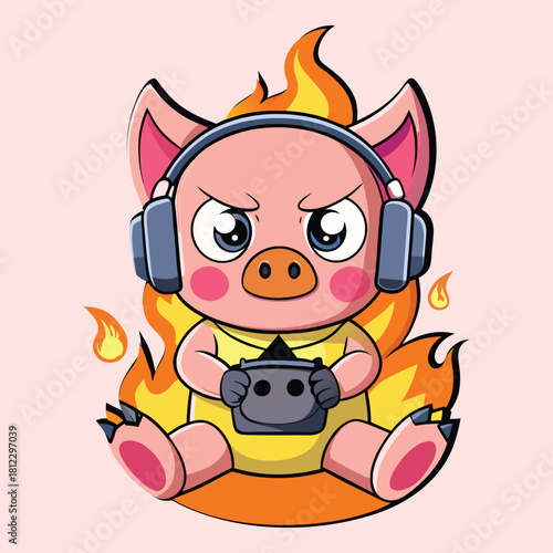 Furious pig gamer with headphones engulfed in flames, showcasing intense gaming passion on a light pink background