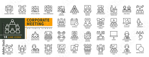 Minimalist Corporate Meeting line icons set with editable stroke, featuring Business, team, virtual, video conference, board meeting, group discussion, brainstrming session. thin linear illustration.