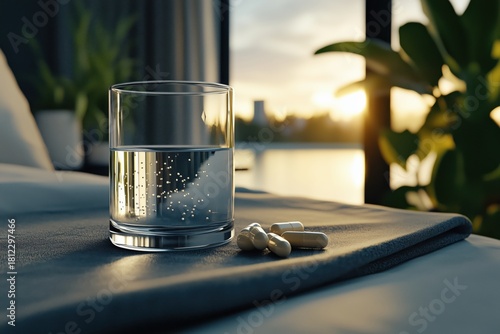 Morning with a glass of water and dietary supplements by the window with a sunrise view. The concept of wellness and health recovery