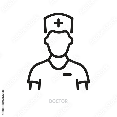 Doctor line icon. Black outline sign. Human, man, medic symbol. Medicine, medical, hospital, health, healthcare concept. Vector illustration. Editable stroke. Isolated on a white background.