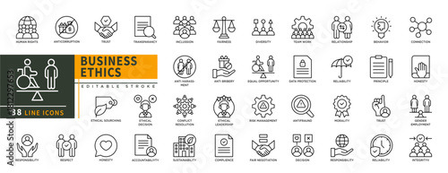 Minimalist Business Ethnic line icons set with editable stroke, featuring human right, anticorruption, trust, respect, responsibility, honesty, inclussion, anti bribery, etc. thin linear illustration.