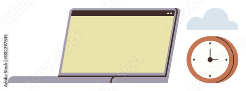 Open laptop alongside round clock and small cloud. Ideal for productivity, time management, remote work, deadlines, workflow, digital solutions, simple flat metaphor