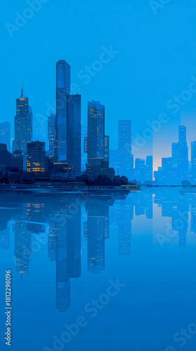 Minimal blue metropolis with tall towers above still water. Skyscrapers in mist.