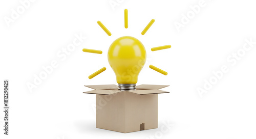 Glowing lightbulb emerging from an open cardboard box symbolizing a new bright idea