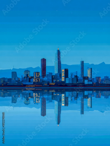 Blue city skyline with distant mountains mirrored in bay water. Night urban landscape.